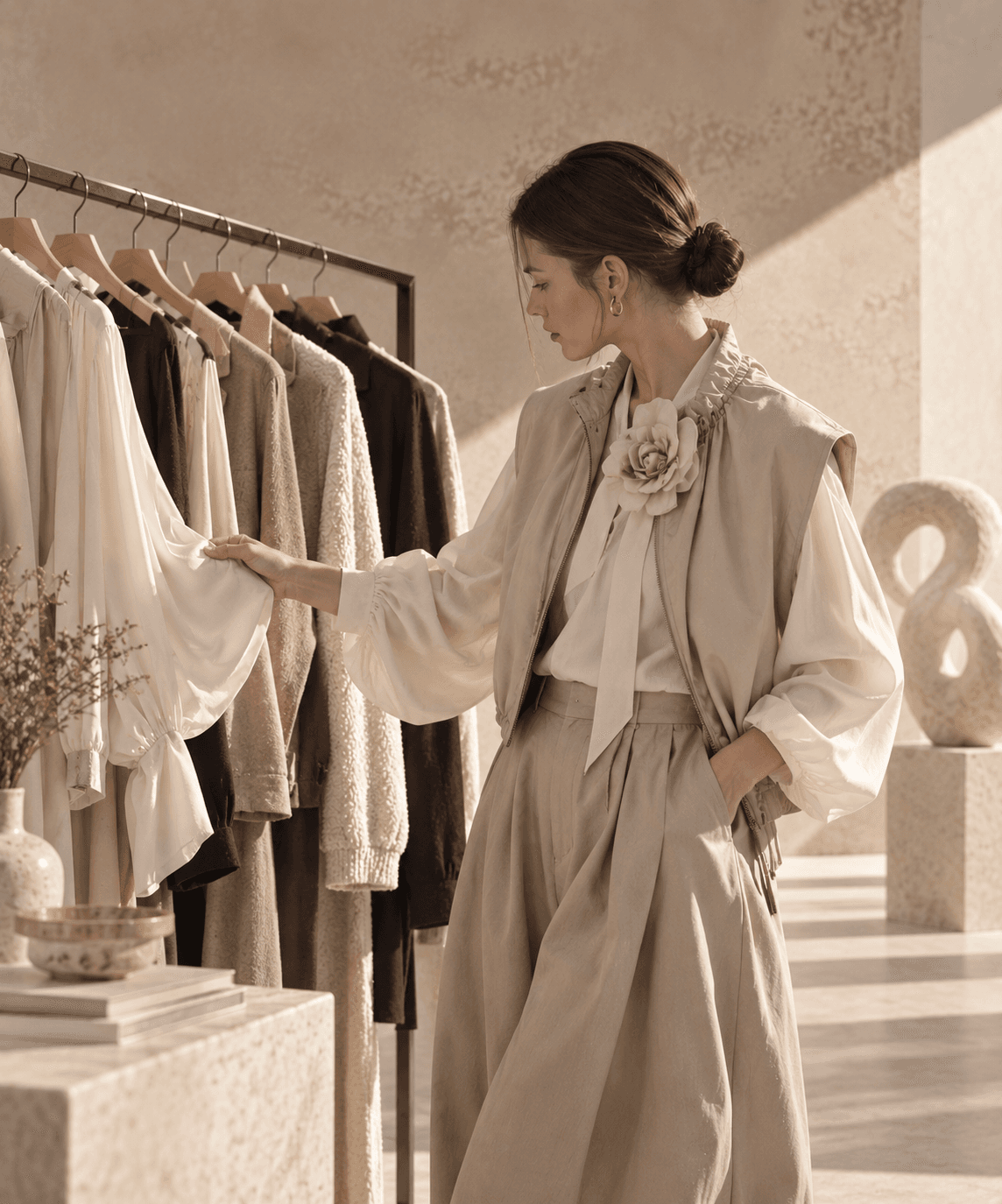 Model wearing an aubergine coat in warm architectural light