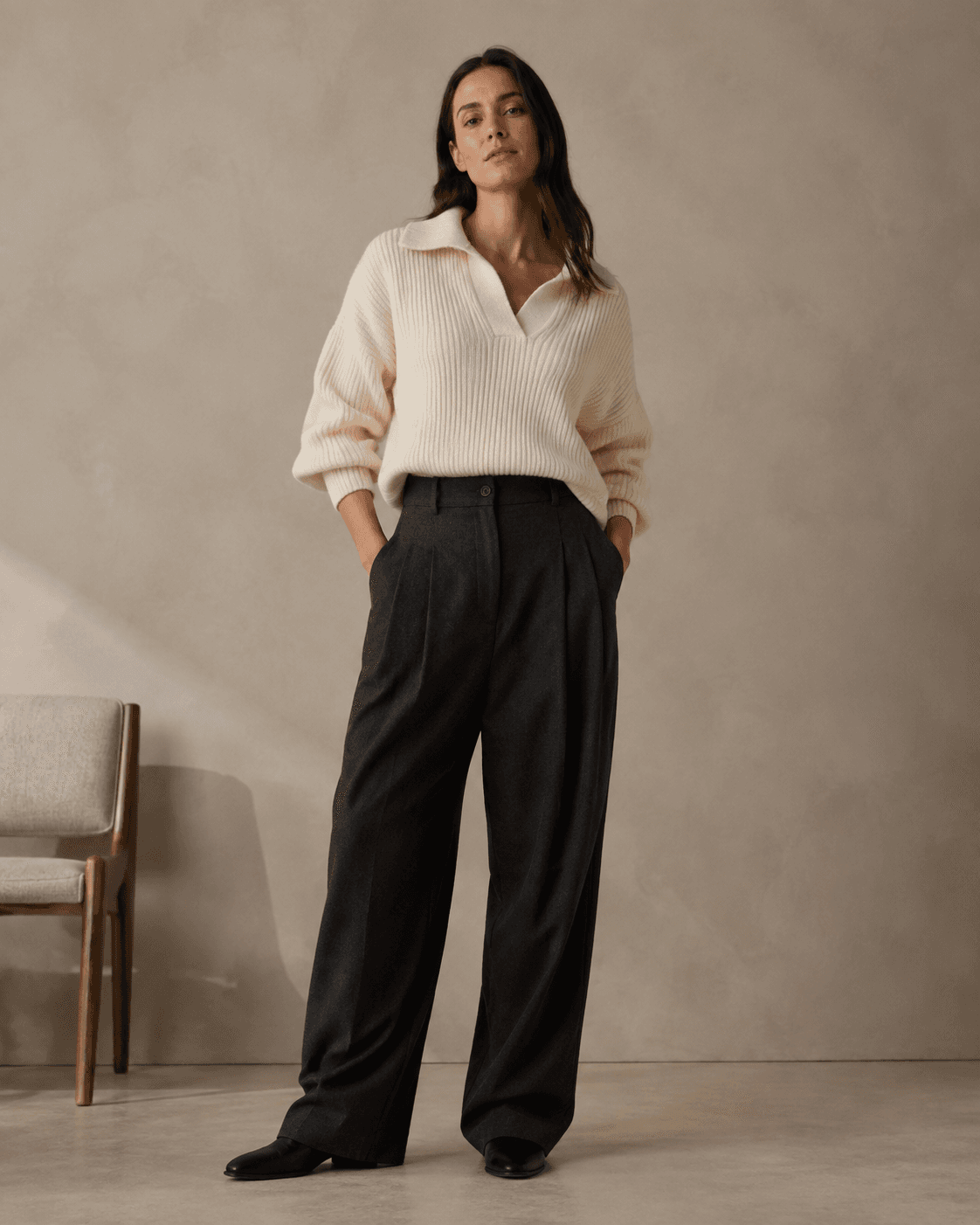 Cream ribbed knit with charcoal trousers